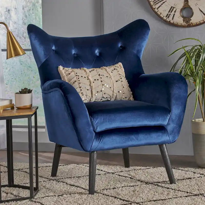 Marineblauer Samt-Sessel mit Flügelrücken, 34,25 Zoll