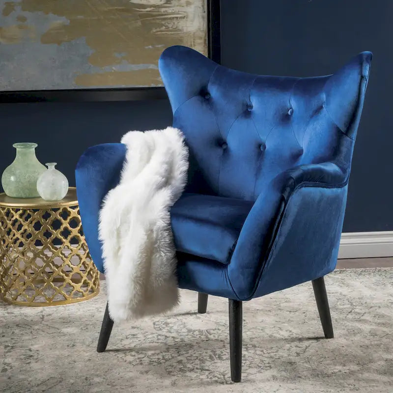 Marineblauer Samt-Sessel mit Flügelrücken, 34,25 Zoll