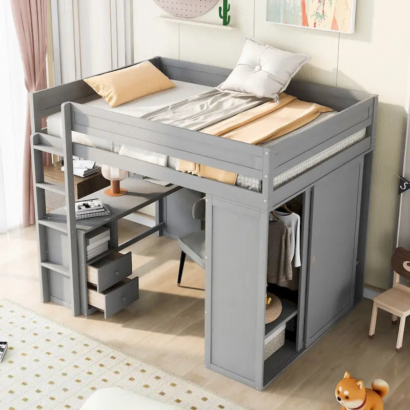 Hochbett aus Holz in voller Größe mit Kleiderschränken und Schreibtisch mit 2 Schubladen und Schrank