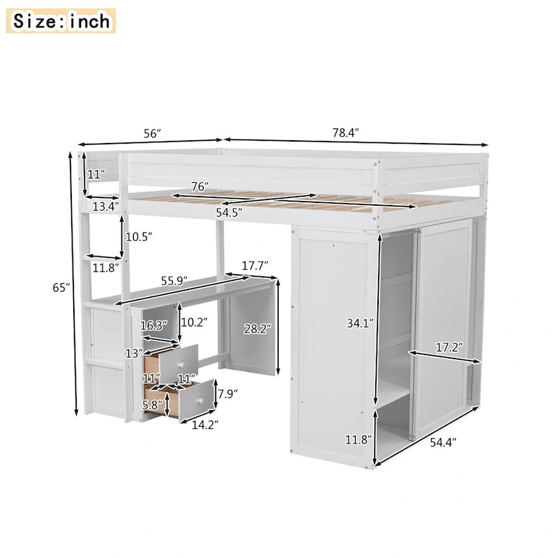Hochbett aus Holz in voller Größe mit Kleiderschränken und Schreibtisch mit 2 Schubladen und Schrank