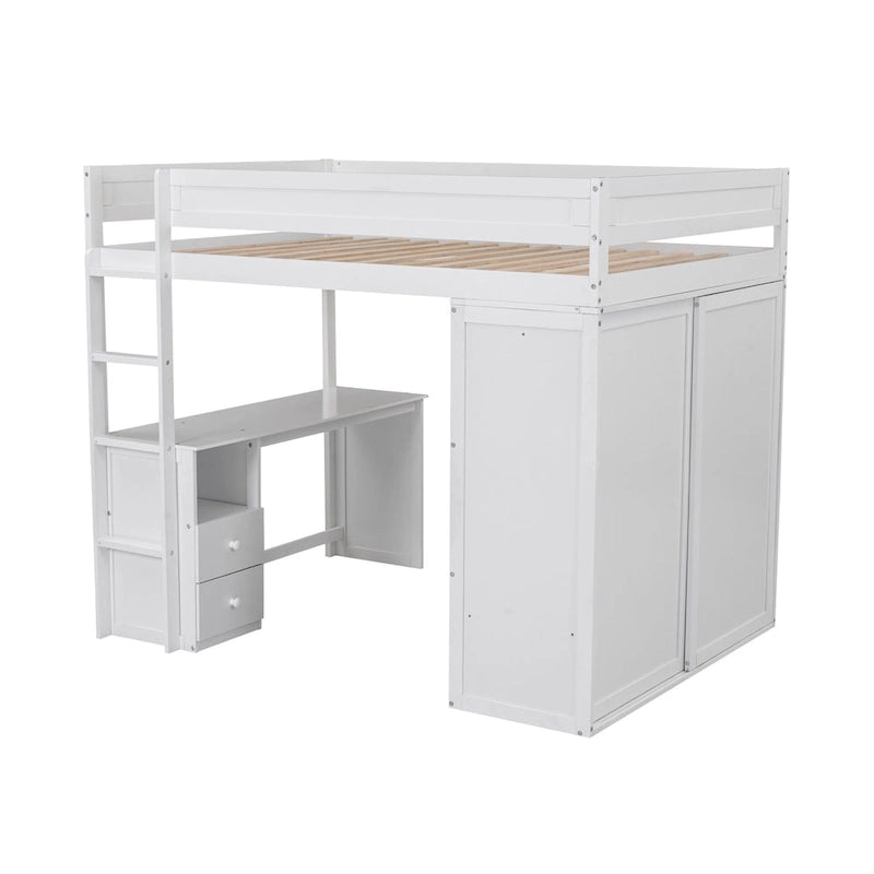 Hochbett aus Holz in voller Größe mit Kleiderschränken und Schreibtisch mit 2 Schubladen und Schrank