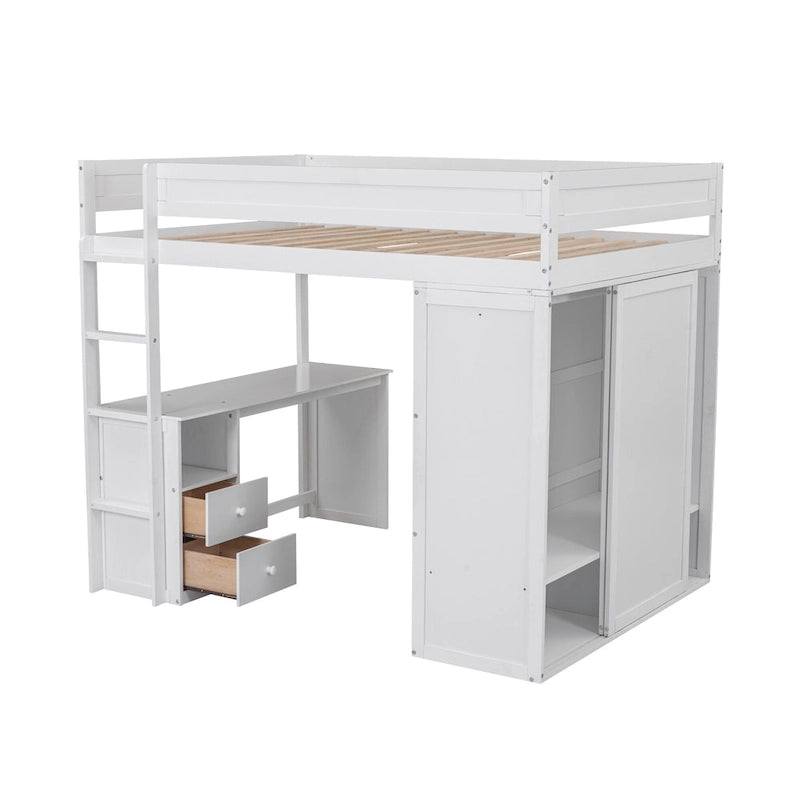 Hochbett aus Holz in voller Größe mit Kleiderschränken und Schreibtisch mit 2 Schubladen und Schrank