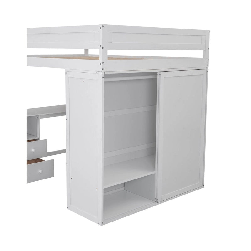 Hochbett aus Holz in voller Größe mit Kleiderschränken und Schreibtisch mit 2 Schubladen und Schrank
