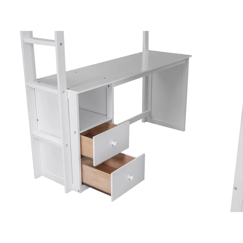 Hochbett aus Holz in voller Größe mit Kleiderschränken und Schreibtisch mit 2 Schubladen und Schrank