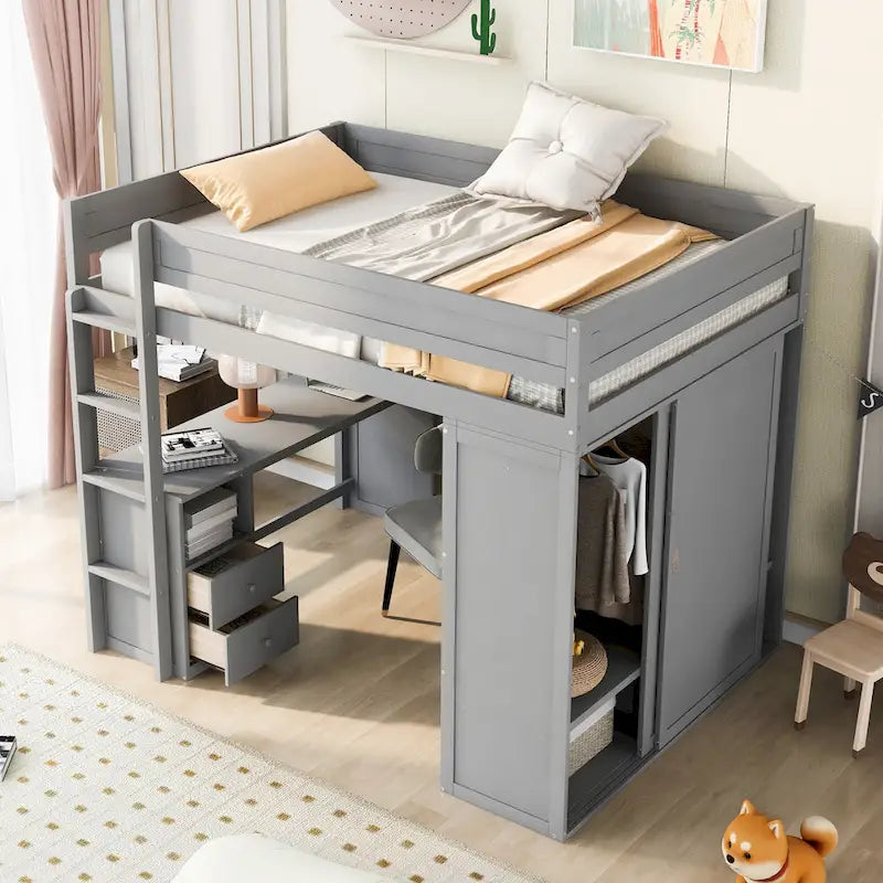 Hochbett aus Holz in voller Größe mit Kleiderschränken und Schreibtisch mit 2 Schubladen und Schrank