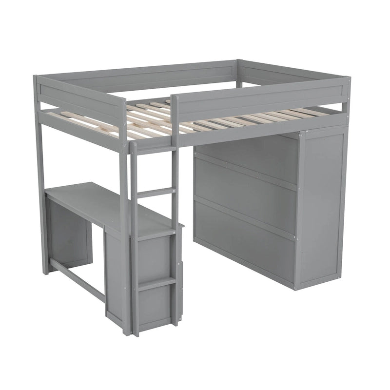 Hochbett aus Holz in voller Größe mit Kleiderschränken und Schreibtisch mit 2 Schubladen und Schrank