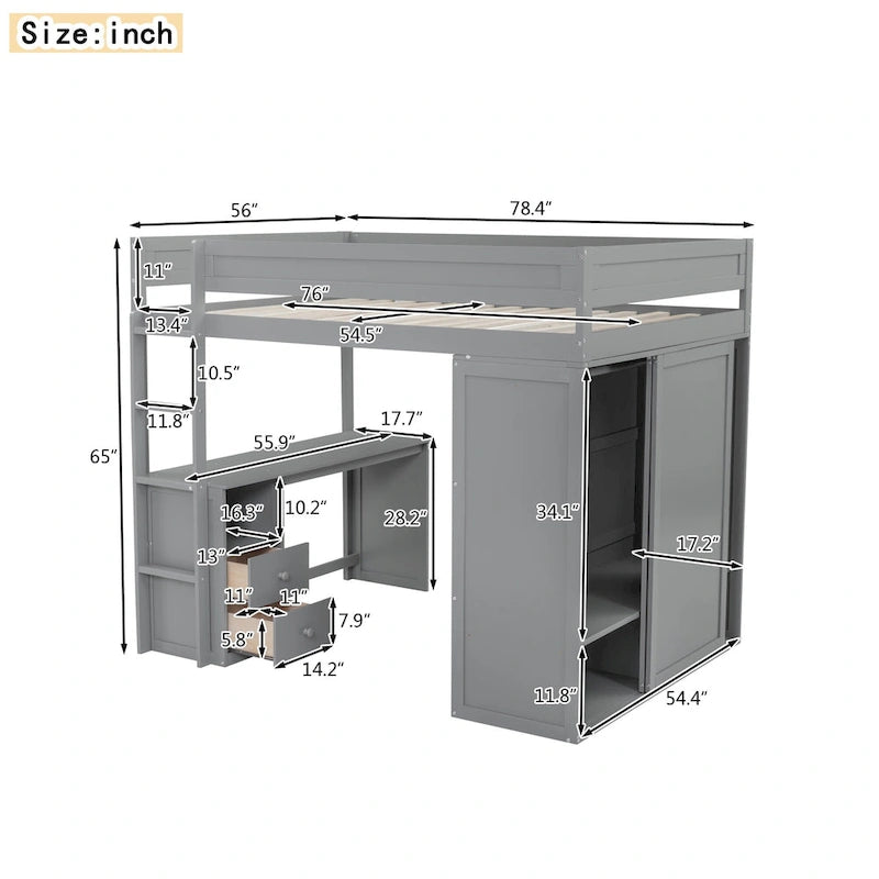 Hochbett aus Holz in voller Größe mit Kleiderschränken und Schreibtisch mit 2 Schubladen und Schrank
