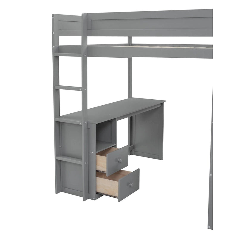 Hochbett aus Holz in voller Größe mit Kleiderschränken und Schreibtisch mit 2 Schubladen und Schrank