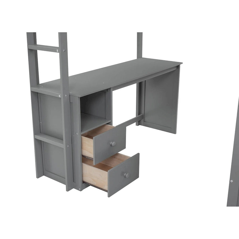 Hochbett aus Holz in voller Größe mit Kleiderschränken und Schreibtisch mit 2 Schubladen und Schrank