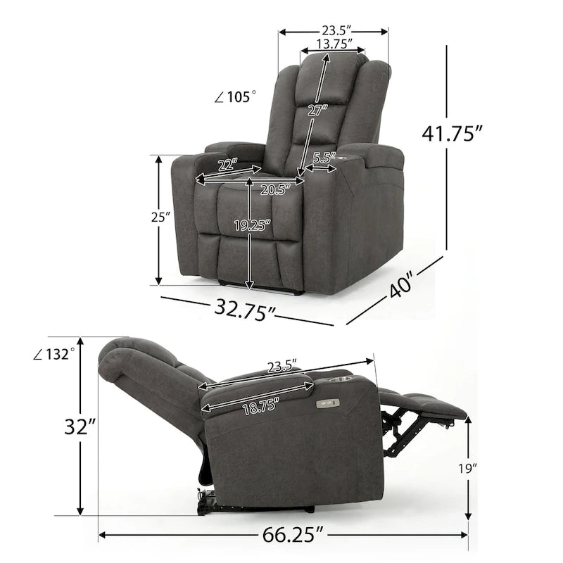Sillón reclinable eléctrico estándar de 33 pulgadas de ancho con almacenamiento en los brazos y USB, color pizarra