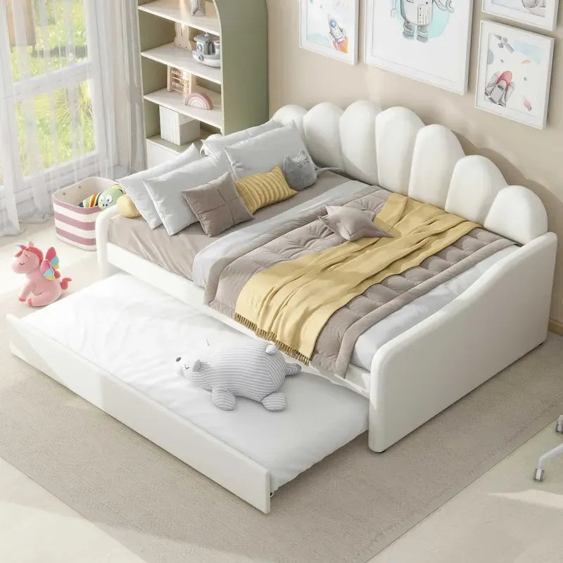 Polsterbettgestell in voller Größe als Tagesbett und Schlafsofa mit muschelförmiger Rückenlehne und ausziehbarem Unterbett, Samt-Schlafsofa für das Wohnzimmer