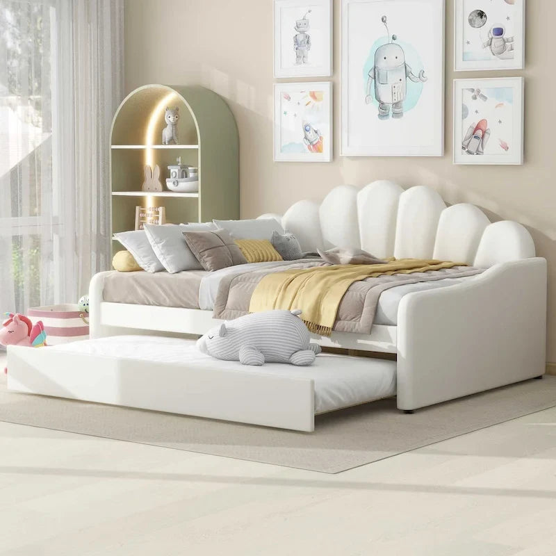 Polsterbettgestell in voller Größe als Tagesbett und Schlafsofa mit muschelförmiger Rückenlehne und ausziehbarem Unterbett, Samt-Schlafsofa für das Wohnzimmer