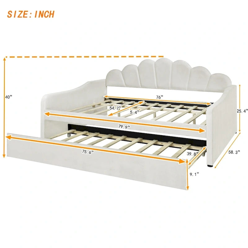 Καναπές-κρεβάτι daybed πλήρους μεγέθους με υφασμάτινο πλαίσιο, πλάτη σε σχήμα κοχυλιού και συρόμενο δεύτερο κρεβάτι, βελούδινος καναπές-κρεβάτι για το σαλόνι