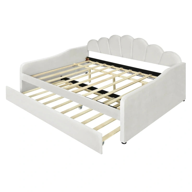 Καναπές-κρεβάτι daybed πλήρους μεγέθους με υφασμάτινο πλαίσιο, πλάτη σε σχήμα κοχυλιού και συρόμενο δεύτερο κρεβάτι, βελούδινος καναπές-κρεβάτι για το σαλόνι