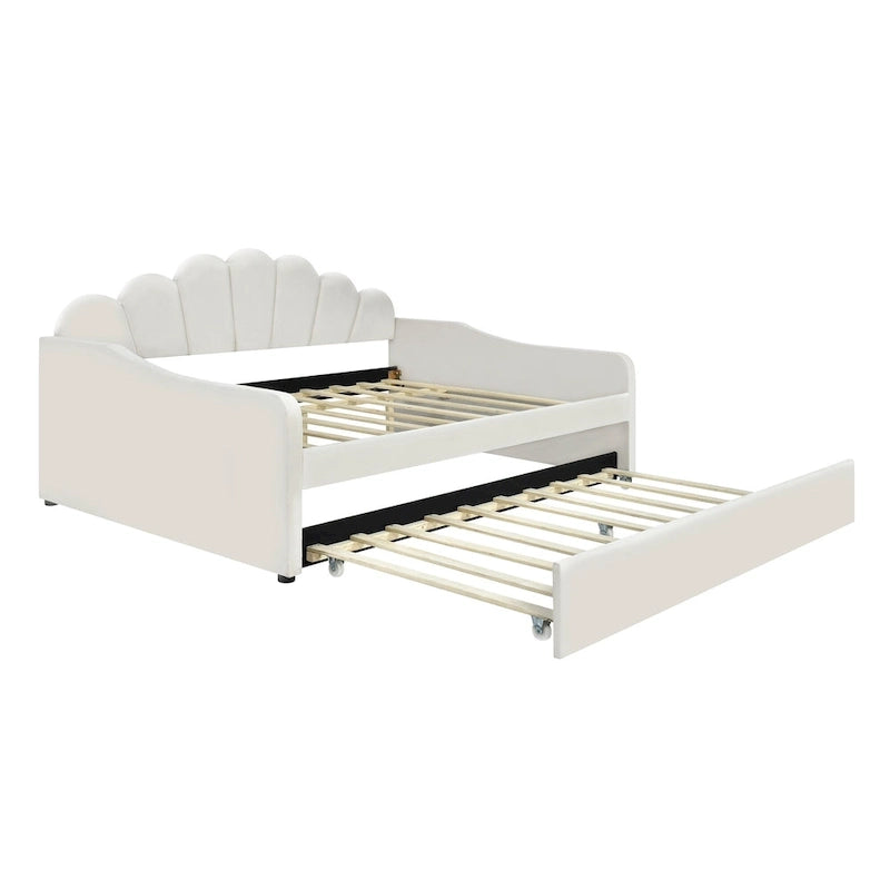 Καναπές-κρεβάτι daybed πλήρους μεγέθους με υφασμάτινο πλαίσιο, πλάτη σε σχήμα κοχυλιού και συρόμενο δεύτερο κρεβάτι, βελούδινος καναπές-κρεβάτι για το σαλόνι