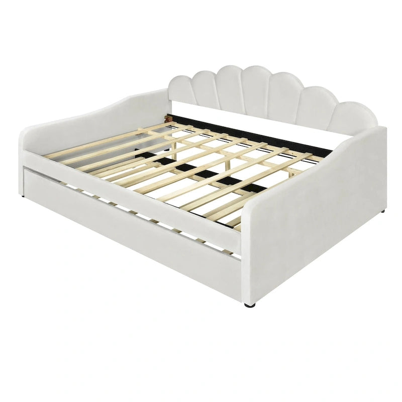 Καναπές-κρεβάτι daybed πλήρους μεγέθους με υφασμάτινο πλαίσιο, πλάτη σε σχήμα κοχυλιού και συρόμενο δεύτερο κρεβάτι, βελούδινος καναπές-κρεβάτι για το σαλόνι
