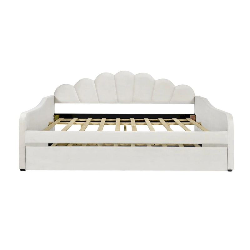 Καναπές-κρεβάτι daybed πλήρους μεγέθους με υφασμάτινο πλαίσιο, πλάτη σε σχήμα κοχυλιού και συρόμενο δεύτερο κρεβάτι, βελούδινος καναπές-κρεβάτι για το σαλόνι