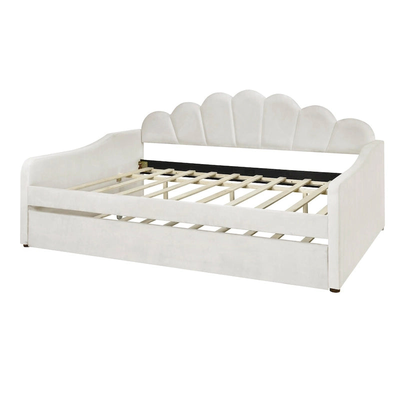 Καναπές-κρεβάτι daybed πλήρους μεγέθους με υφασμάτινο πλαίσιο, πλάτη σε σχήμα κοχυλιού και συρόμενο δεύτερο κρεβάτι, βελούδινος καναπές-κρεβάτι για το σαλόνι