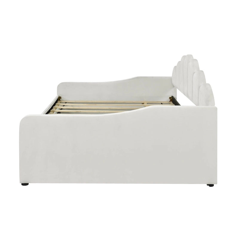 Καναπές-κρεβάτι daybed πλήρους μεγέθους με υφασμάτινο πλαίσιο, πλάτη σε σχήμα κοχυλιού και συρόμενο δεύτερο κρεβάτι, βελούδινος καναπές-κρεβάτι για το σαλόνι