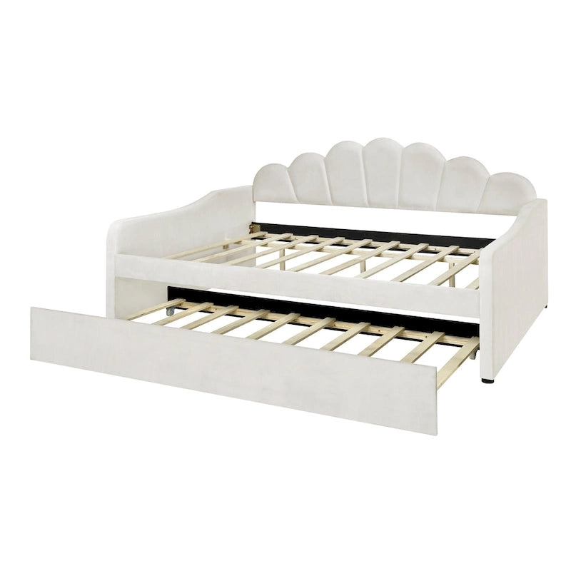 Καναπές-κρεβάτι daybed πλήρους μεγέθους με υφασμάτινο πλαίσιο, πλάτη σε σχήμα κοχυλιού και συρόμενο δεύτερο κρεβάτι, βελούδινος καναπές-κρεβάτι για το σαλόνι