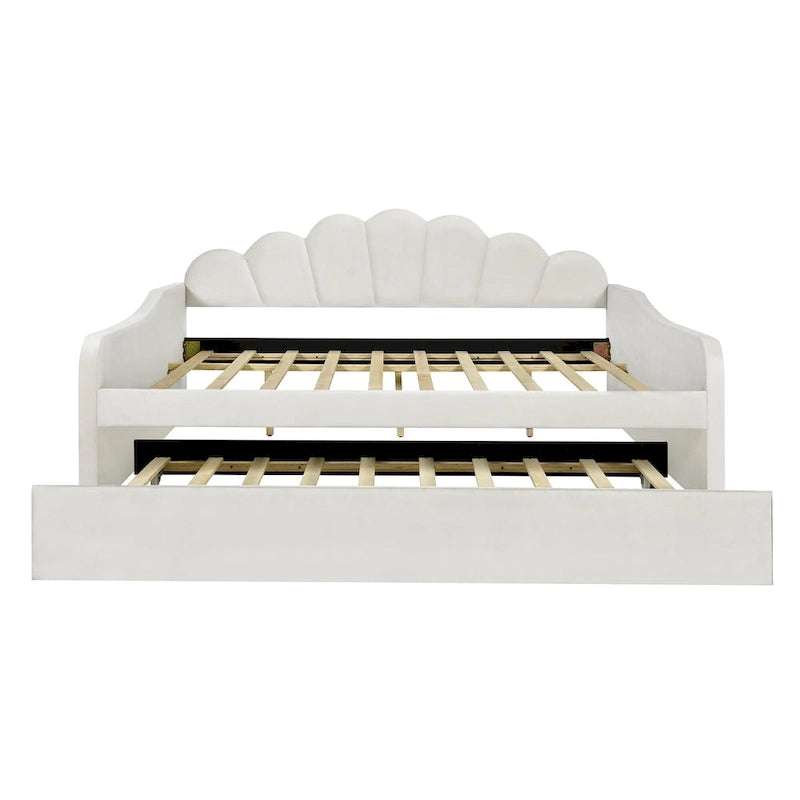 Καναπές-κρεβάτι daybed πλήρους μεγέθους με υφασμάτινο πλαίσιο, πλάτη σε σχήμα κοχυλιού και συρόμενο δεύτερο κρεβάτι, βελούδινος καναπές-κρεβάτι για το σαλόνι