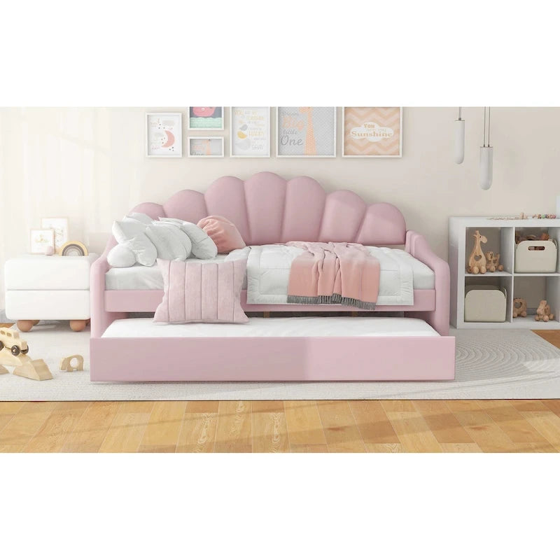 Καναπές-κρεβάτι daybed πλήρους μεγέθους με υφασμάτινο πλαίσιο, πλάτη σε σχήμα κοχυλιού και συρόμενο δεύτερο κρεβάτι, βελούδινος καναπές-κρεβάτι για το σαλόνι