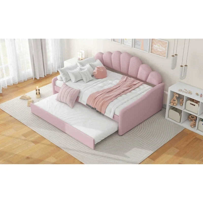 Καναπές-κρεβάτι daybed πλήρους μεγέθους με υφασμάτινο πλαίσιο, πλάτη σε σχήμα κοχυλιού και συρόμενο δεύτερο κρεβάτι, βελούδινος καναπές-κρεβάτι για το σαλόνι