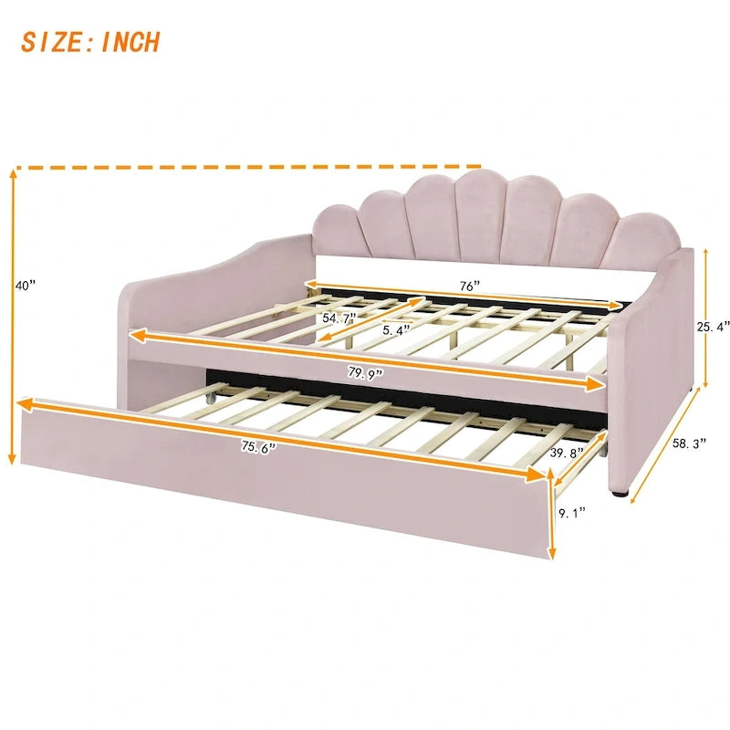 Καναπές-κρεβάτι daybed πλήρους μεγέθους με υφασμάτινο πλαίσιο, πλάτη σε σχήμα κοχυλιού και συρόμενο δεύτερο κρεβάτι, βελούδινος καναπές-κρεβάτι για το σαλόνι