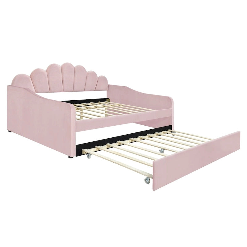 Καναπές-κρεβάτι daybed πλήρους μεγέθους με υφασμάτινο πλαίσιο, πλάτη σε σχήμα κοχυλιού και συρόμενο δεύτερο κρεβάτι, βελούδινος καναπές-κρεβάτι για το σαλόνι