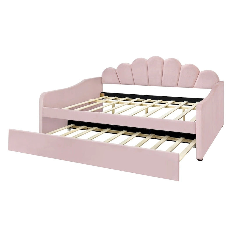Καναπές-κρεβάτι daybed πλήρους μεγέθους με υφασμάτινο πλαίσιο, πλάτη σε σχήμα κοχυλιού και συρόμενο δεύτερο κρεβάτι, βελούδινος καναπές-κρεβάτι για το σαλόνι