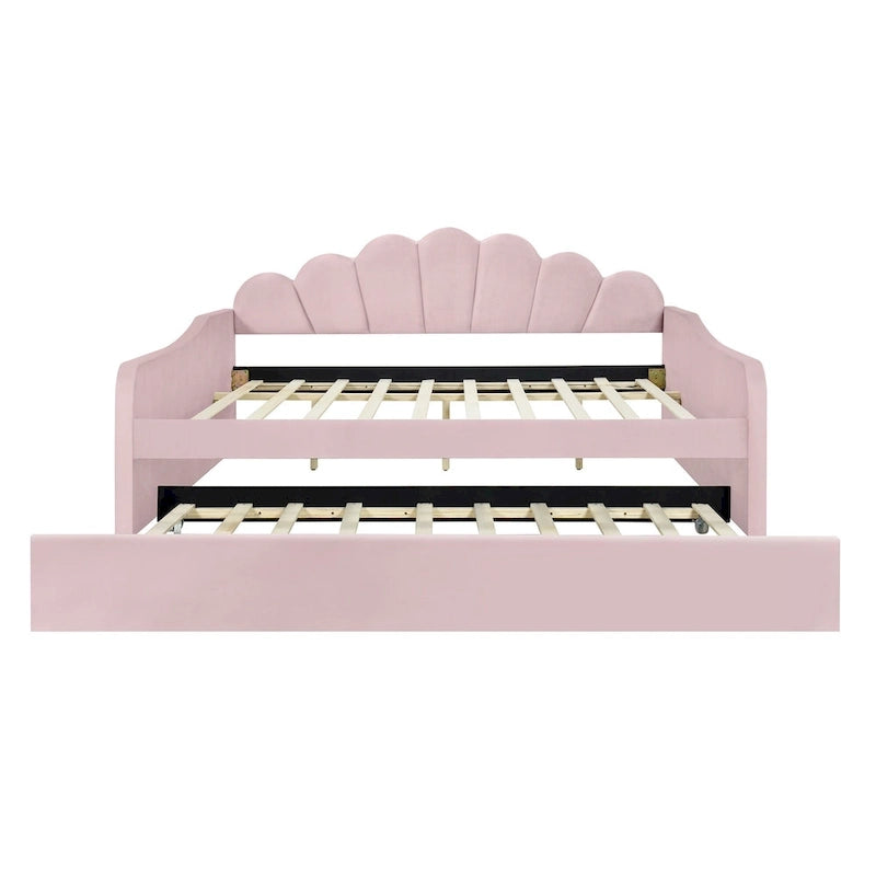 Καναπές-κρεβάτι daybed πλήρους μεγέθους με υφασμάτινο πλαίσιο, πλάτη σε σχήμα κοχυλιού και συρόμενο δεύτερο κρεβάτι, βελούδινος καναπές-κρεβάτι για το σαλόνι