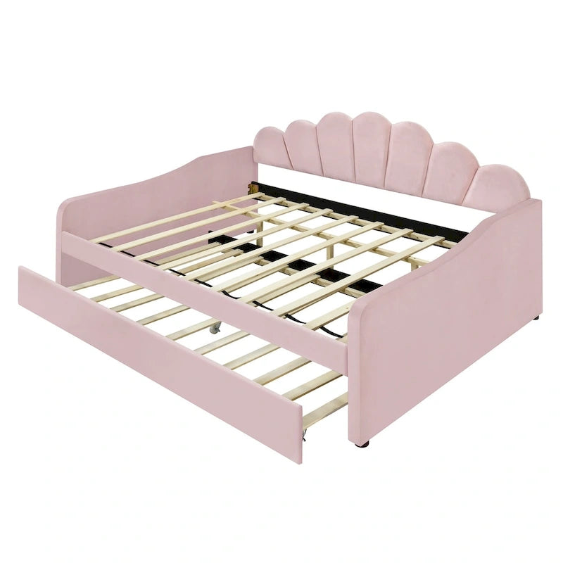 Καναπές-κρεβάτι daybed πλήρους μεγέθους με υφασμάτινο πλαίσιο, πλάτη σε σχήμα κοχυλιού και συρόμενο δεύτερο κρεβάτι, βελούδινος καναπές-κρεβάτι για το σαλόνι