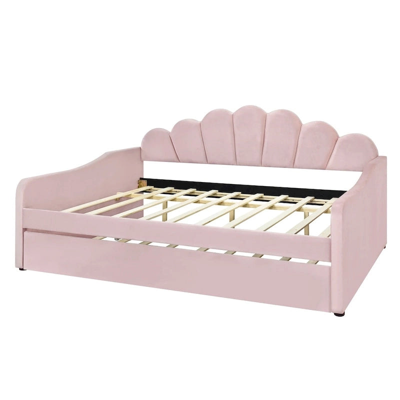Καναπές-κρεβάτι daybed πλήρους μεγέθους με υφασμάτινο πλαίσιο, πλάτη σε σχήμα κοχυλιού και συρόμενο δεύτερο κρεβάτι, βελούδινος καναπές-κρεβάτι για το σαλόνι