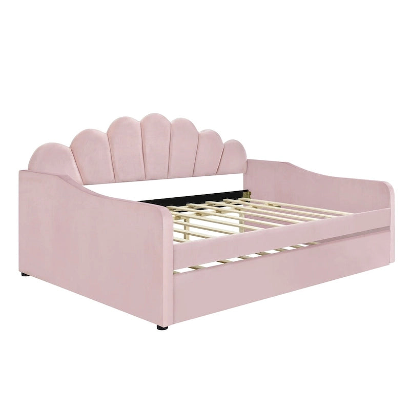 Καναπές-κρεβάτι daybed πλήρους μεγέθους με υφασμάτινο πλαίσιο, πλάτη σε σχήμα κοχυλιού και συρόμενο δεύτερο κρεβάτι, βελούδινος καναπές-κρεβάτι για το σαλόνι