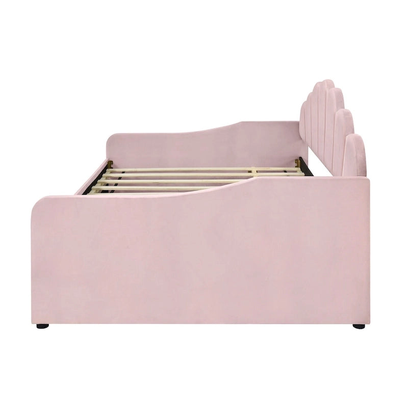 Καναπές-κρεβάτι daybed πλήρους μεγέθους με υφασμάτινο πλαίσιο, πλάτη σε σχήμα κοχυλιού και συρόμενο δεύτερο κρεβάτι, βελούδινος καναπές-κρεβάτι για το σαλόνι