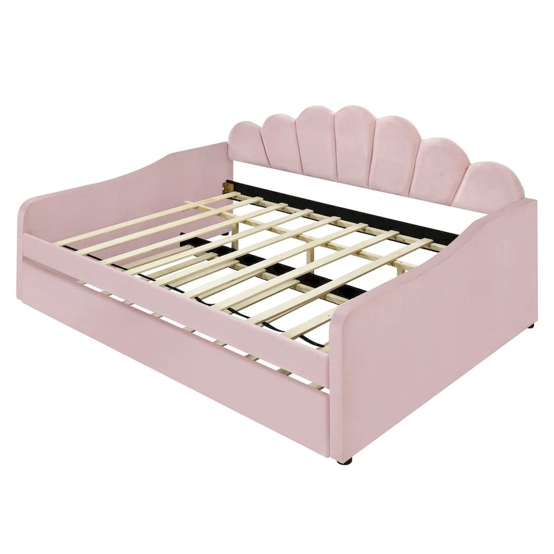 Καναπές-κρεβάτι daybed πλήρους μεγέθους με υφασμάτινο πλαίσιο, πλάτη σε σχήμα κοχυλιού και συρόμενο δεύτερο κρεβάτι, βελούδινος καναπές-κρεβάτι για το σαλόνι