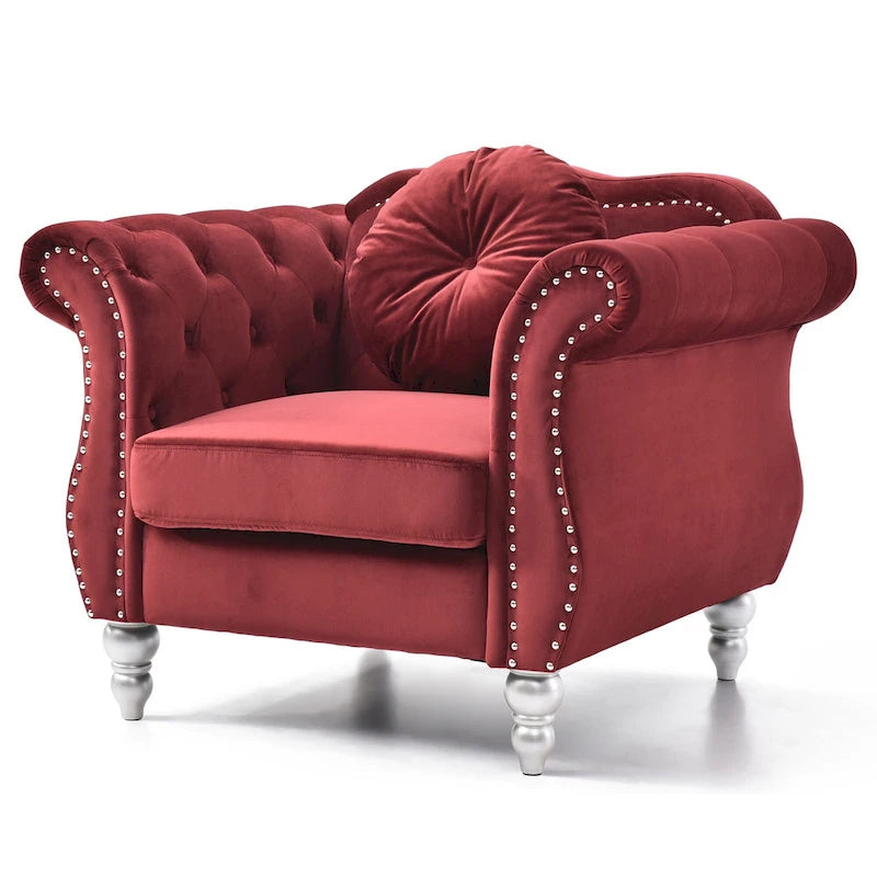 Solid Velvet Accent Chair with Tufted Round Pillow, 39-Inch, Red