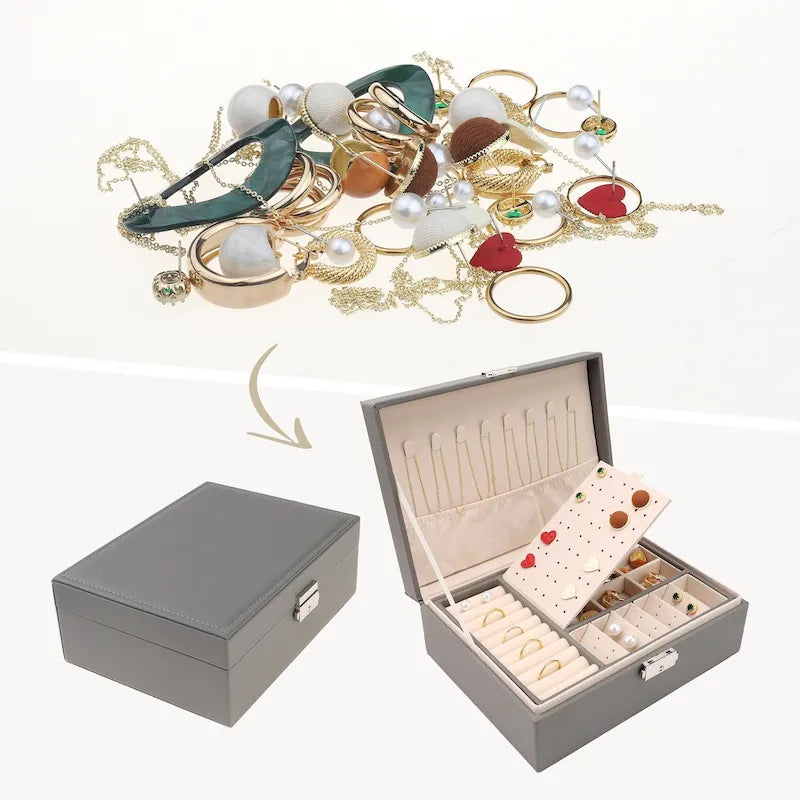 Portagioie a 2 strati per ragazze e donne, regalo di compleanno, custodia organizer per gioielli in pelle PU con cassetto e vassoio rimovibile