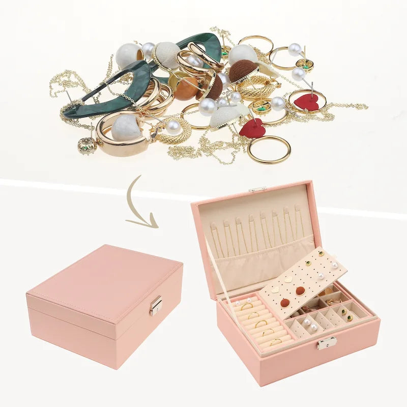 Portagioie a 2 strati per ragazze e donne, regalo di compleanno, custodia organizer per gioielli in pelle PU con cassetto e vassoio rimovibile
