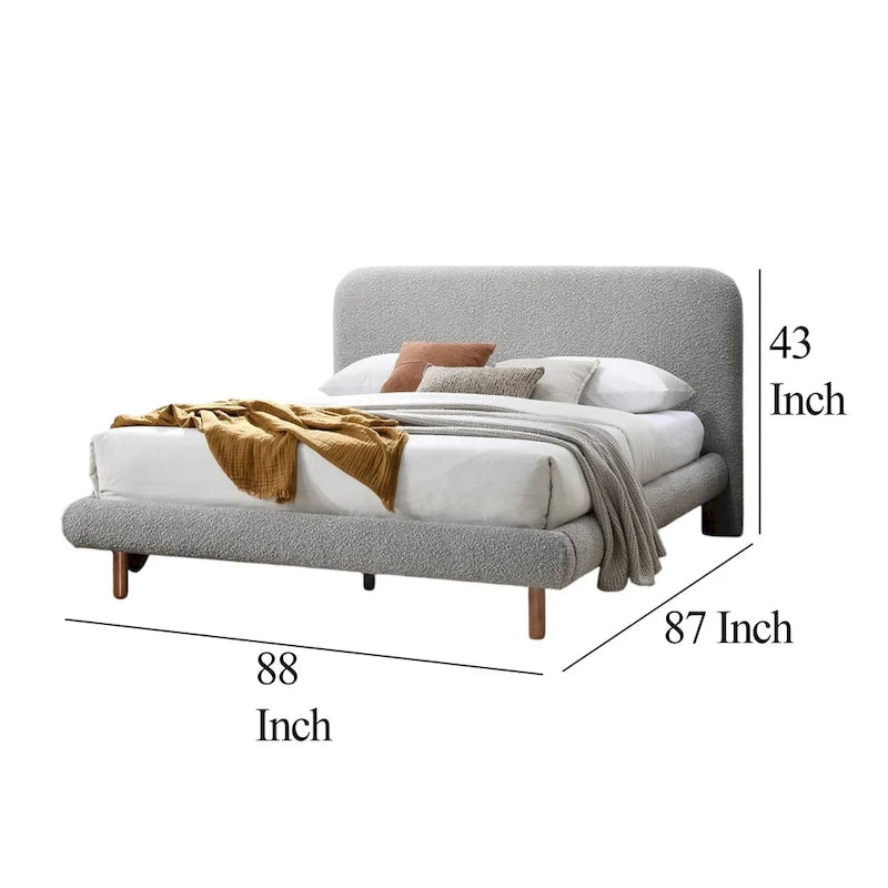 Lit king size aux bords arrondis, revêtement bouclé gris et bois marron