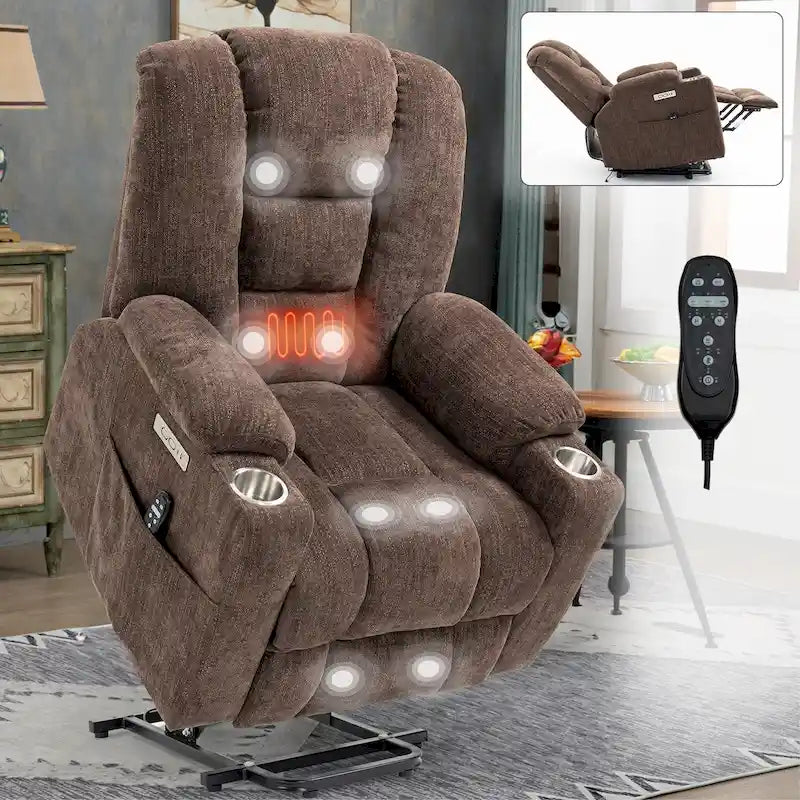 Fauteuil inclinable électrique avec fonction massage et chauffage, fauteuil inclinable large et rembourré avec ports USB et USB-C et 2 porte-gobelets en acier