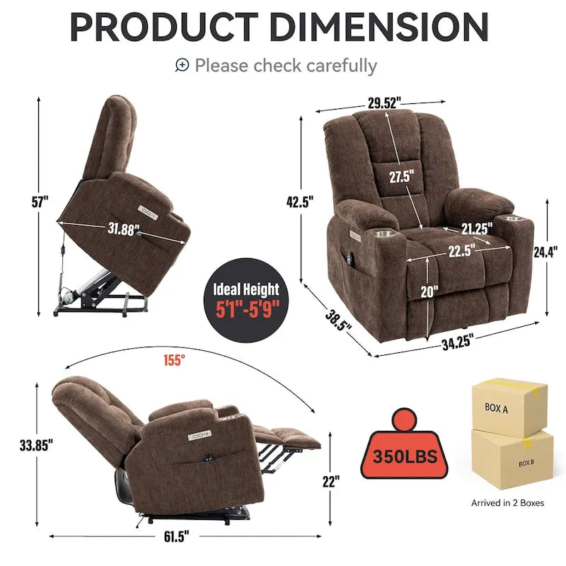 Fauteuil inclinable électrique avec fonction massage et chauffage, fauteuil inclinable large et rembourré avec ports USB et USB-C et 2 porte-gobelets en acier