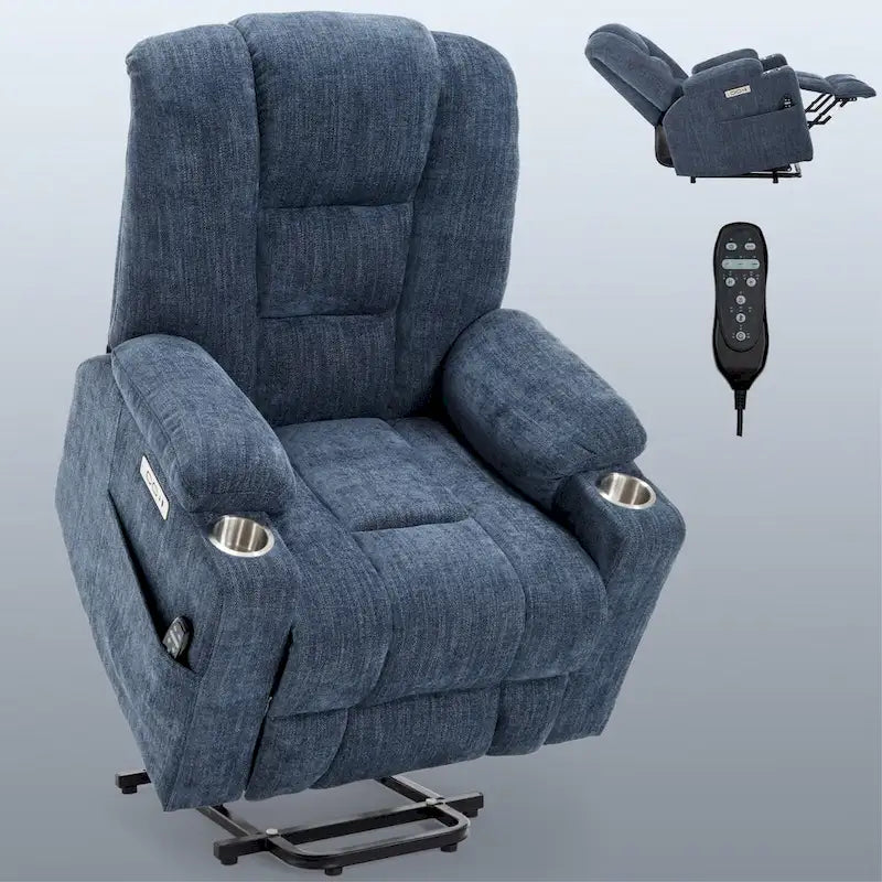 Poltrona reclinabile elettrica con funzione di sollevamento, massaggio e riscaldamento, reclinabile ampia e imbottita con porte USB e USB Type-C e 2 portabicchieri in acciaio