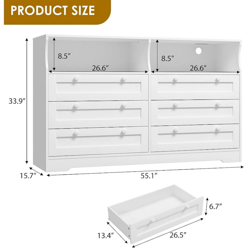 55-inch brede houten ladekast met 6 laden, ledverlichting en ruime opbergruimte