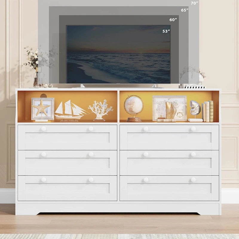 55-inch brede houten ladekast met 6 laden, ledverlichting en ruime opbergruimte