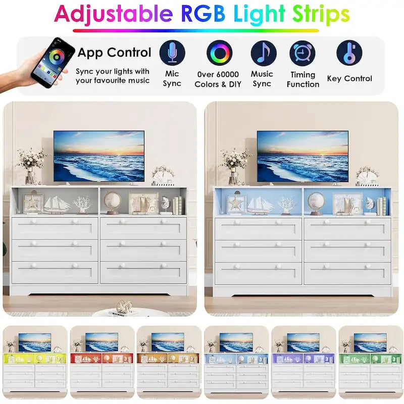 Cassettiera in legno larga 55 pollici con 6 cassetti, luce LED e ampia capacità contenitiva