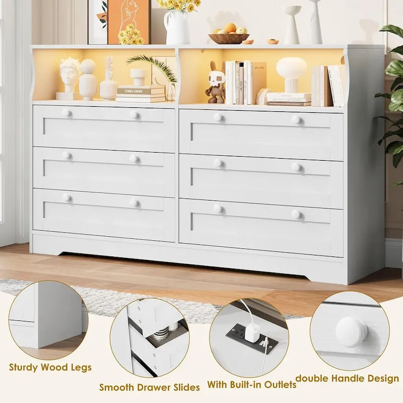 55-inch brede houten ladekast met 6 laden, ledverlichting en ruime opbergruimte