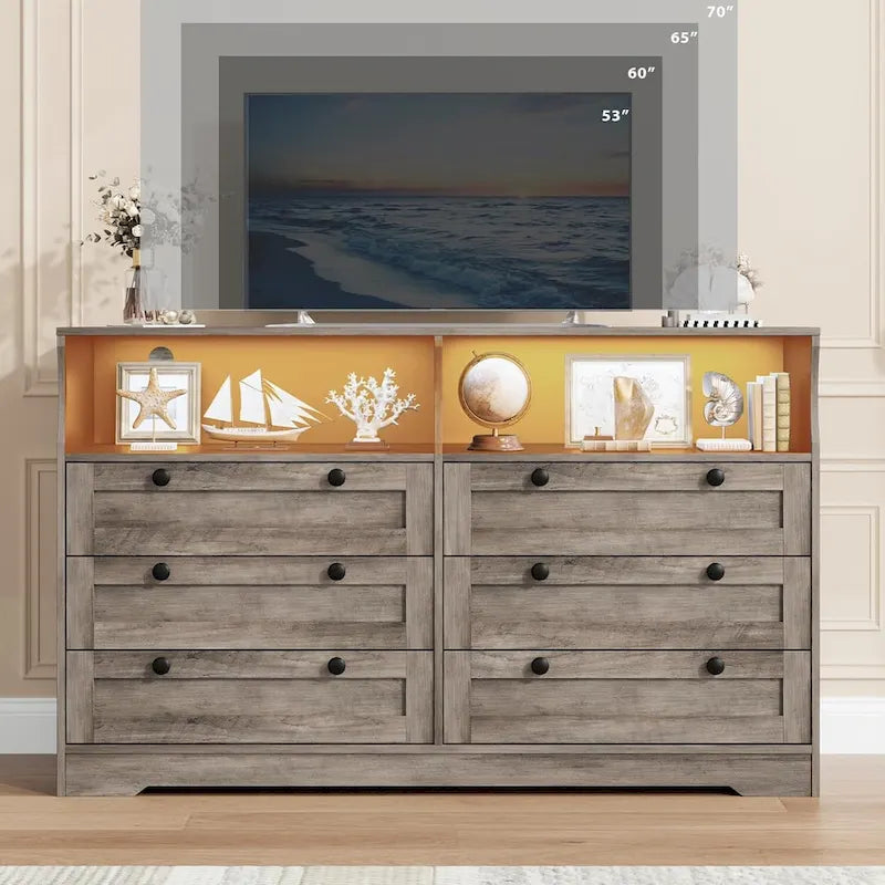 55-inch brede houten ladekast met 6 laden, ledverlichting en ruime opbergruimte