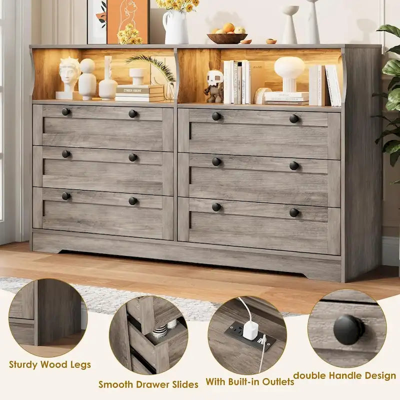 55-inch brede houten ladekast met 6 laden, ledverlichting en ruime opbergruimte