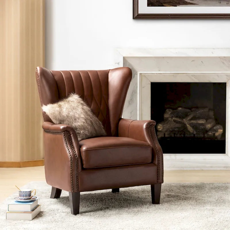 Traditionele fauteuil van echt leer met poten van massief hout